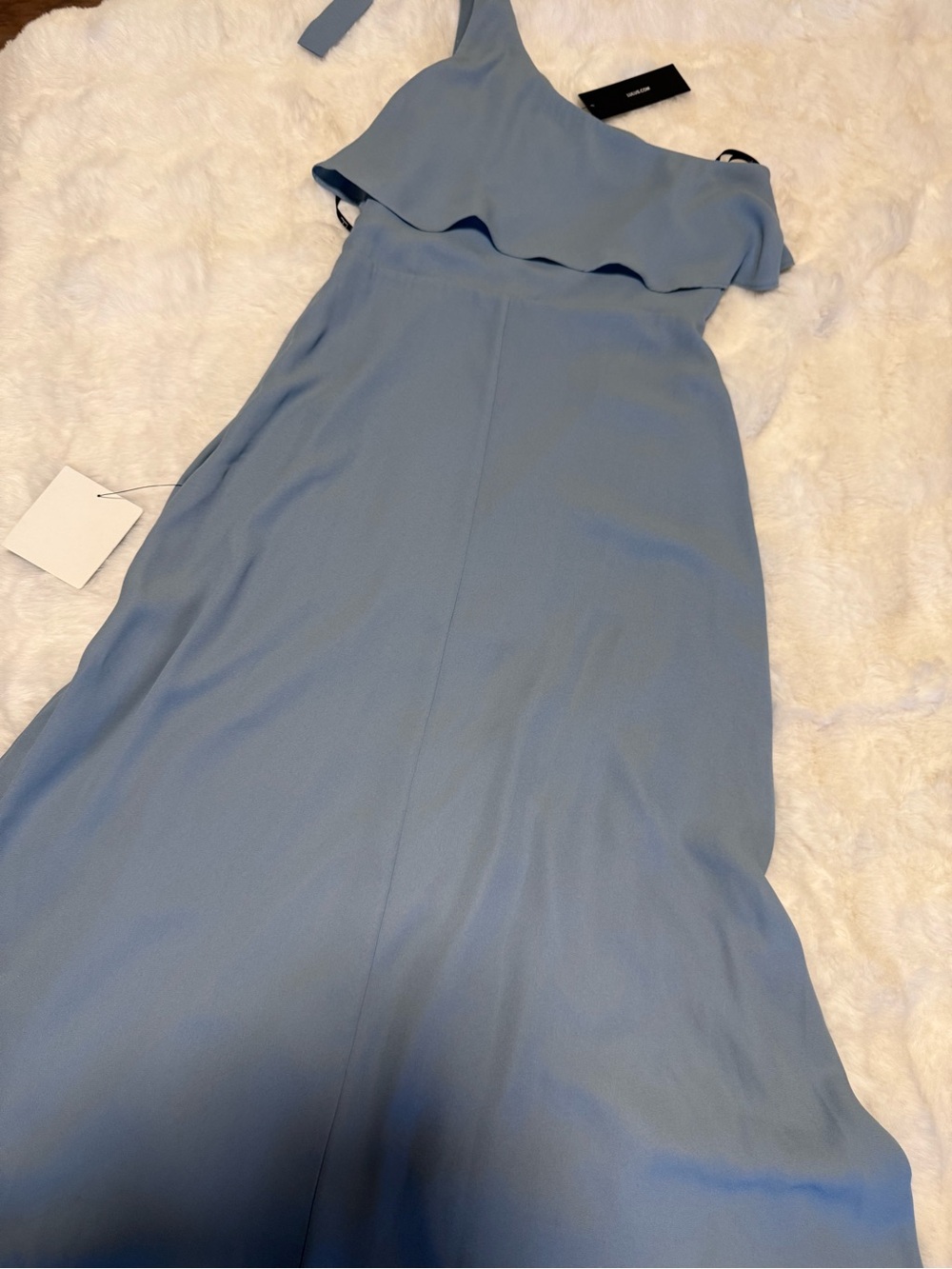 Lulu's Dusty Blue One-Shoulder Ruffle Maxi Dress